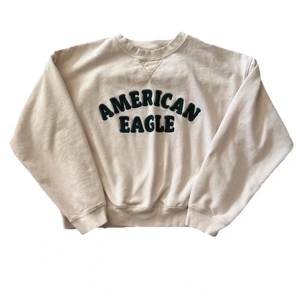 American Eagle Beige Crewneck Sweatshirt Fleece Pullover Logo Appliqué Size SM - Picture 1 of 4